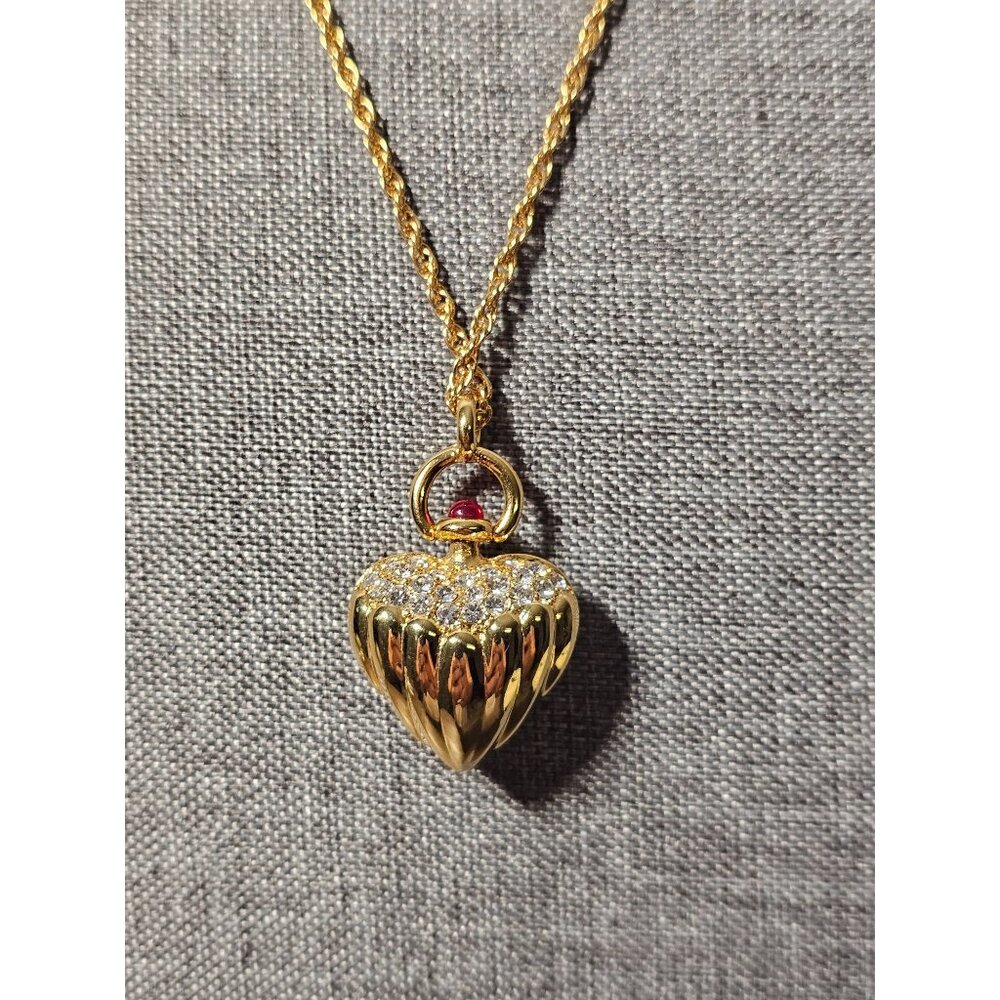 Joan Rivers Gold Tone Clear Rhinestone Heart Pendant Red Gripoix Accent Necklace